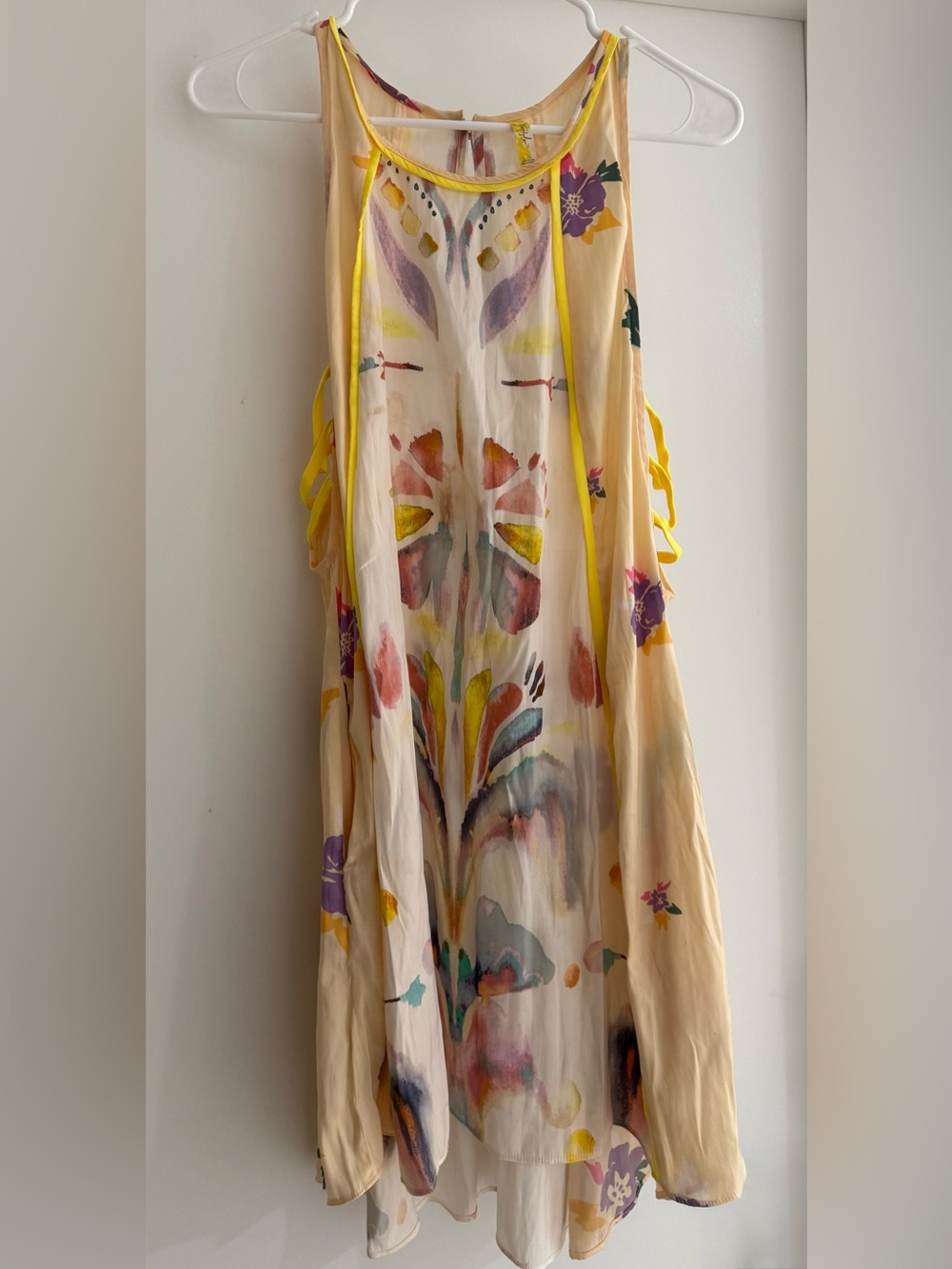 Free People Cream Watercolor Halter Mini Dress with Yellow Trim